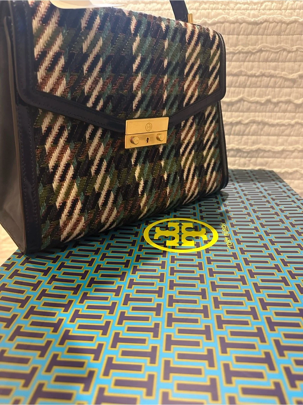 Tory Burch Miller Riding Boot & Purse Navy/Green Dogtooth Tweed Size 7 (SET)